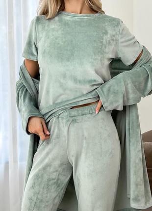 Піжамний домашній велюровий костюм халат велюрова піжама велюрові штани3 фото