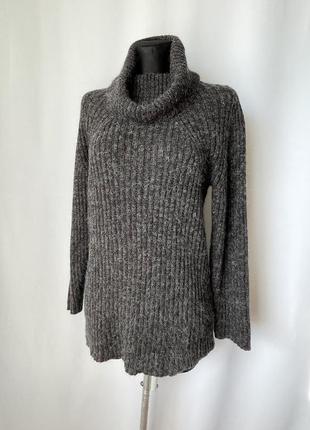 Oui винтажный теплый свитер с высоким воротом серый меланж шёлк ангора