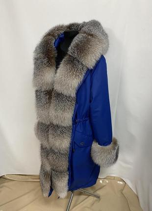 Жіноча зимова парка, куртка в синьому кольорі з натуральним хутром блюфрост (максимум...