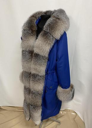 Жіноча зимова парка, куртка в синьому кольорі з натуральним хутром блюфрост (максимум...