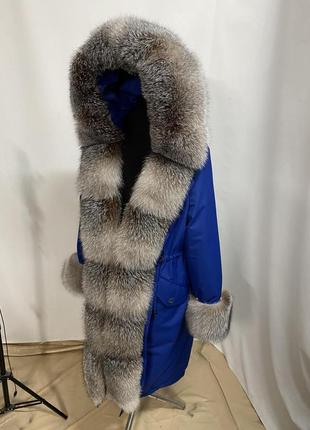 Жіноча зимова парка, куртка в синьому кольорі з натуральним хутром блюфрост (максимум...
