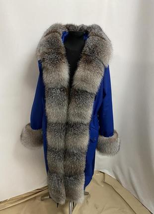 Жіноча зимова парка, куртка в синьому кольорі з натуральним хутром блюфрост (максимум...