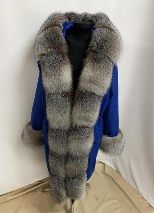 Жіноча зимова парка, куртка в синьому кольорі з натуральним хутром блюфрост (максимум...