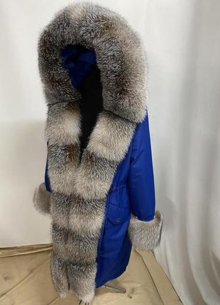 Жіноча зимова парка, куртка в синьому кольорі з натуральним хутром блюфрост (максимум...