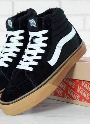 Зимові чоловічі замшеві чорно-білі кросівки vans хутро 🆕 зимові високі кеди ванс