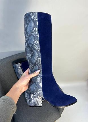 Сині чоботи дизайнерські vikka натуральна шкіра та замш зтма демісезон