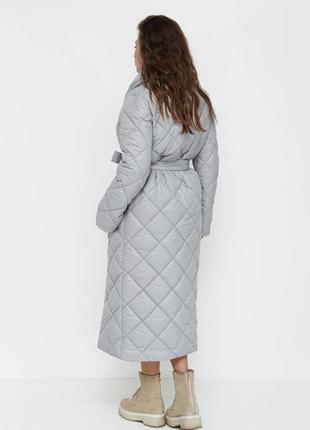 Зимние женское пальто плащевка серый цвет длинное стебанное4 фото
