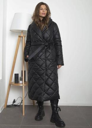 Женское зимнее длинное пальто плащевка чёрный цвет