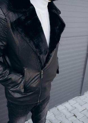 Косуха кожанка куртка кожаная мужская черная мех / курточка шкірянка чоловіча чорна хутро5 фото