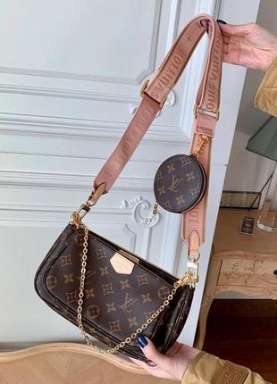 Женская коричневая сумка в стил louis vuitton луи витон multi pochette мульти пошет 3 в 13 фото