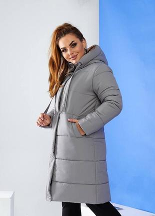 Мега стильна жіноча куртка пальто пуховик зима ідеальної довжини а579 сіра сірого кольору сірий 52 р