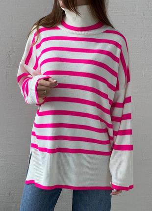 Свободный свитер, р.уни, акрил с полиэстером, белый полоска1 фото