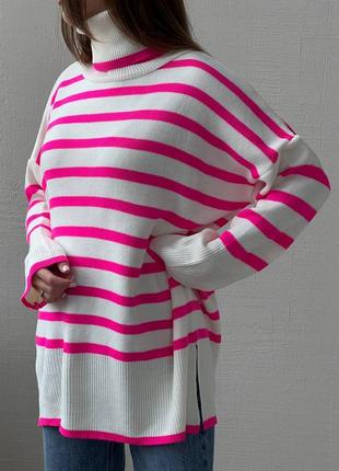 Свободный свитер, р.уни, акрил с полиэстером, белый полоска3 фото