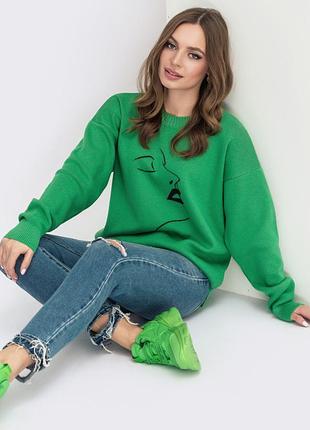 Вязаный джемпер в стиле оверсайз с узором "девушка".