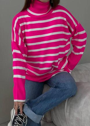 Свободный свитер, р.уни, акрил с полиэстером, розовый полоска
