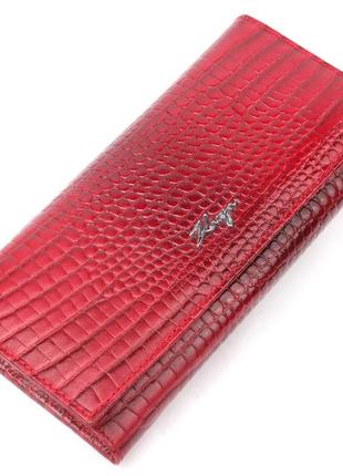 Місткий горизонтальний гаманець із натуральної шкіри з тисненням під крокодила karya 21173 червоний1 фото