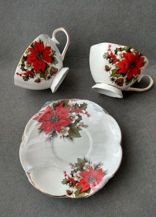 Різдвяний подарунок: чайна пара, чашка з блюдцем, poinsettia collection bone china, кістяний фарфор.