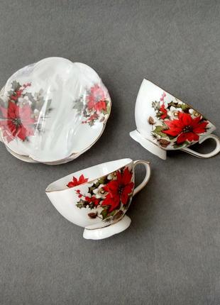 Різдвяний подарунок: чайна пара, чашка з блюдцем, poinsettia collection bone china, кістяний фарфор.3 фото