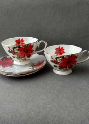 Різдвяний подарунок: чайна пара, чашка з блюдцем, poinsettia collection bone china, кістяний фарфор.5 фото