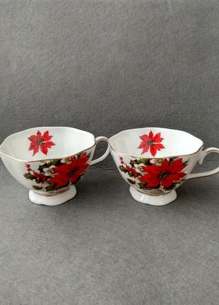 Різдвяний подарунок: чайна пара, чашка з блюдцем, poinsettia collection bone china, кістяний фарфор.7 фото