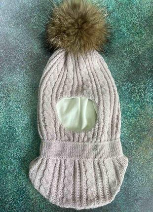 Капор зимний балаклава детский зимняя шапка с натуральным помпоном и шарф3 фото