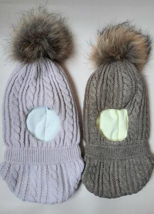 Капор зимний балаклава детский зимняя шапка с натуральным помпоном и шарф4 фото