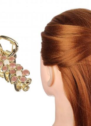 Краб для волосся металевий 5 см золотистий із рожевими квітами