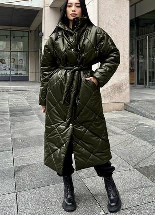 Зимове пальто, тепле пальто, стьобане пальто з поясом, пуховик, декілько кольорів1 фото