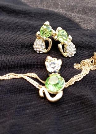 Набор серьги, кулон и цепочка котики