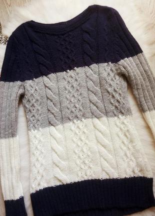Цветной свитер кофта вязаная узор косами синий белый серый в широкую полоску туника длинн2 фото