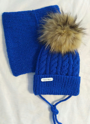 Зимовий комплект шапка хомут синій ручна робота натуральний балабон1 фото