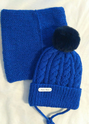 Зимовий комплект шапка хомут синій ручна робота натуральний балабон2 фото