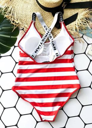 Суцільний яскравий жіночий купальник червоний-білий у смужку4 фото
