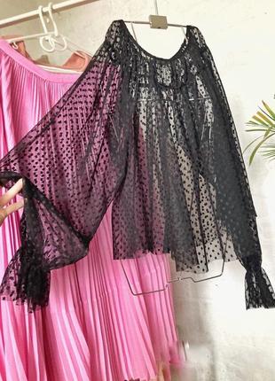 ❤️мега знижки речі по 99 грн ❤️ прозора блуза з об’ємним рукавом бохо в горошок сітка