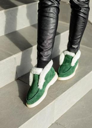 Женские теплые зимние замшевые лоферы с мехом натуральная замша зеленые зима туфли ботинки сапоги броги люкс