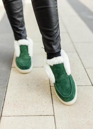 Жіночі теплі зимові замшеві лофери з хутром натуральна замша зелені туфлі сапожки броги туфлі люкс мех4 фото