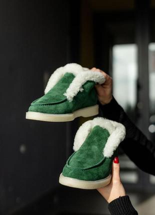 Жіночі теплі зимові замшеві лофери з хутром натуральна замша зелені туфлі сапожки броги туфлі люкс мех10 фото
