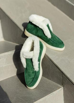 Жіночі теплі зимові замшеві лофери з хутром натуральна замша зелені туфлі сапожки броги туфлі люкс мех2 фото