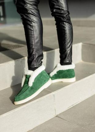 Жіночі теплі зимові замшеві лофери з хутром натуральна замша зелені туфлі сапожки броги туфлі люкс мех8 фото