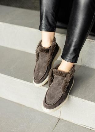Жіночі теплі зимові замшеві лофери з хутром натуральна замша коричневі туфлі сапожки броги люкс мех1 фото