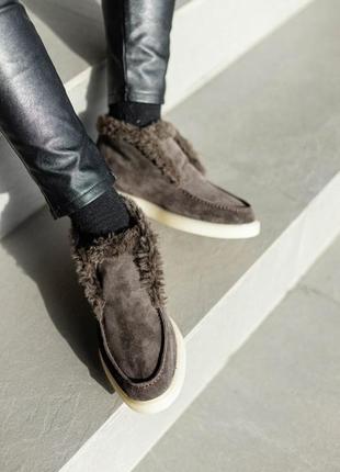 Жіночі теплі зимові замшеві лофери з хутром натуральна замша коричневі туфлі сапожки броги люкс мех9 фото
