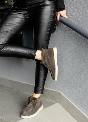 Женские теплые зимние замшевые лоферы с мехом натуральная замша коричневые зима туфли ботинки сапоги броги люкс5 фото