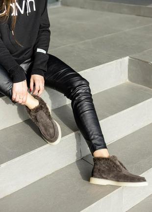Женские теплые зимние замшевые лоферы с мехом натуральная замша коричневые зима туфли ботинки сапоги броги люкс4 фото