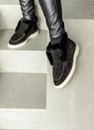 Женские теплые зимние замшевые лоферы с мехом натуральная замша черные зима туфли ботинки сапоги броги люкс6 фото