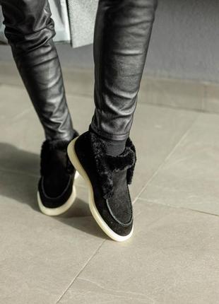 Женские теплые зимние замшевые лоферы с мехом натуральная замша черные зима туфли ботинки сапоги броги люкс2 фото