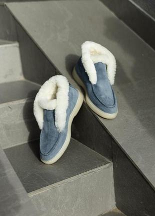 Жіночі теплі зимові замшеві лофери з хутром натуральна замша блакитні туфлі сапожки броги люкс мех9 фото
