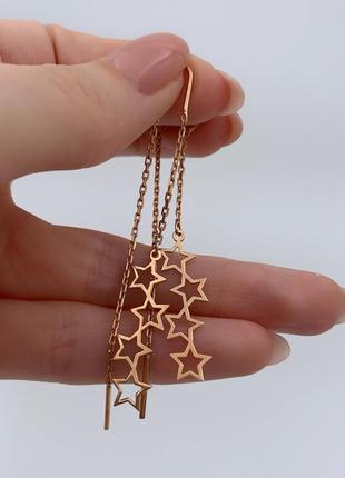 Позолоченные серебряные серьги цепочки звезды, позолоченные серьги протяжки на две стороны уха со звездами