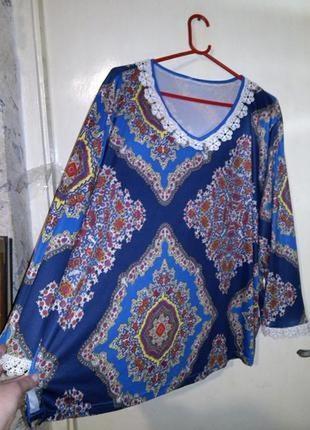 Женственная,трикотаж-масло блузка,с кружевом,большого размера,мега батал,bittle rose2 фото