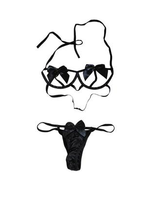 Набор эротического женского белья с доступом сексуального трусики трусы бюстик черный с бантиком бантами4 фото