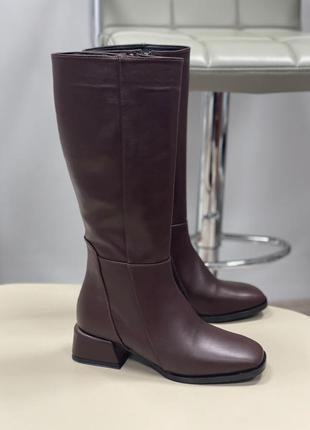 Жіночі чоботи з натуральної шкіри шоколадного кольору на маленькому комплексі з квадратним носком
